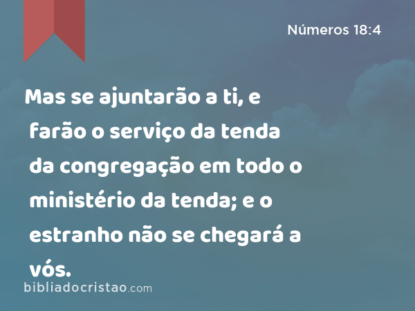 Mas se ajuntarão a ti, e farão o serviço da tenda da congregação em todo o ministério da tenda; e o estranho não se chegará a vós. - Números 18:4