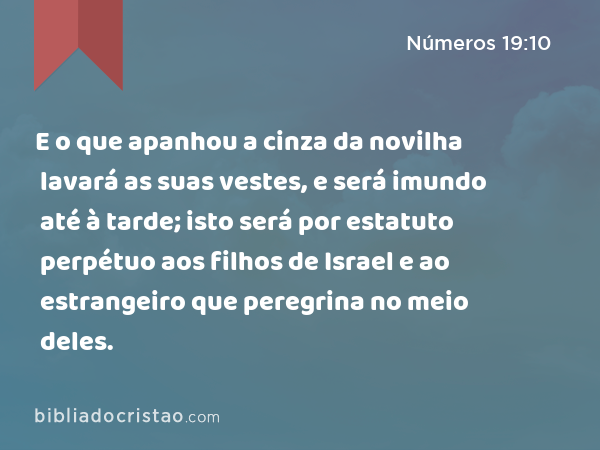 E o que apanhou a cinza da novilha lavará as suas vestes, e será imundo até à tarde; isto será por estatuto perpétuo aos filhos de Israel e ao estrangeiro que peregrina no meio deles. - Números 19:10