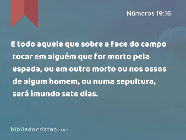 E todo aquele que sobre a face do campo tocar em alguém que for morto pela espada, ou em outro morto ou nos ossos de algum homem, ou numa sepultura, será imundo sete dias. - Números 19:16