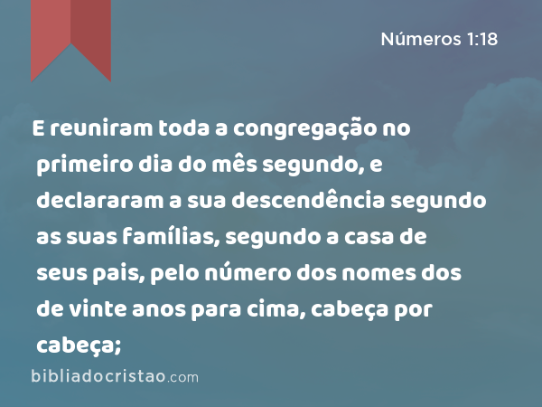 E reuniram toda a congregação no primeiro dia do mês segundo, e declararam a sua descendência segundo as suas famílias, segundo a casa de seus pais, pelo número dos nomes dos de vinte anos para cima, cabeça por cabeça; - Números 1:18