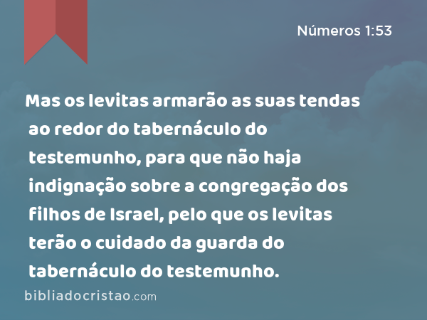 Mas os levitas armarão as suas tendas ao redor do tabernáculo do testemunho, para que não haja indignação sobre a congregação dos filhos de Israel, pelo que os levitas terão o cuidado da guarda do tabernáculo do testemunho. - Números 1:53