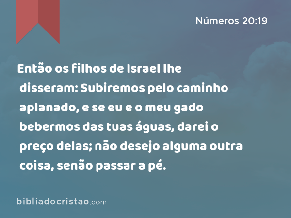 Então os filhos de Israel lhe disseram: Subiremos pelo caminho aplanado, e se eu e o meu gado bebermos das tuas águas, darei o preço delas; não desejo alguma outra coisa, senão passar a pé. - Números 20:19