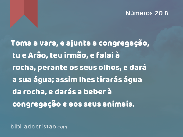 Toma a vara, e ajunta a congregação, tu e Arão, teu irmão, e falai à rocha, perante os seus olhos, e dará a sua água; assim lhes tirarás água da rocha, e darás a beber à congregação e aos seus animais. - Números 20:8