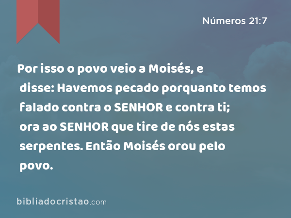 Por isso o povo veio a Moisés, e disse: Havemos pecado porquanto temos falado contra o SENHOR e contra ti; ora ao SENHOR que tire de nós estas serpentes. Então Moisés orou pelo povo. - Números 21:7