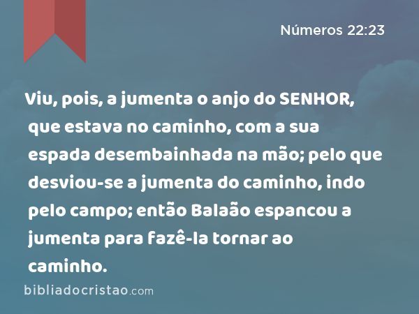 Viu, pois, a jumenta o anjo do SENHOR, que estava no caminho, com a sua espada desembainhada na mão; pelo que desviou-se a jumenta do caminho, indo pelo campo; então Balaão espancou a jumenta para fazê-la tornar ao caminho. - Números 22:23