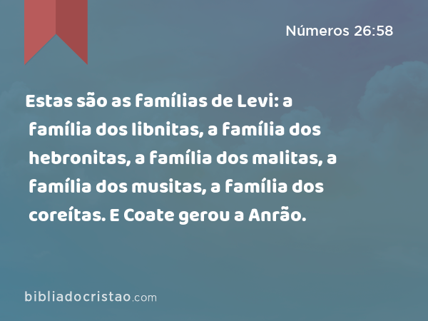 Estas são as famílias de Levi: a família dos libnitas, a família dos hebronitas, a família dos malitas, a família dos musitas, a família dos coreítas. E Coate gerou a Anrão. - Números 26:58