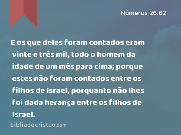 E os que deles foram contados eram vinte e três mil, todo o homem da idade de um mês para cima; porque estes não foram contados entre os filhos de Israel, porquanto não lhes foi dada herança entre os filhos de Israel. - Números 26:62