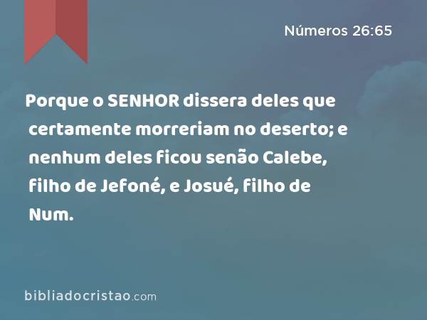 Porque o SENHOR dissera deles que certamente morreriam no deserto; e nenhum deles ficou senão Calebe, filho de Jefoné, e Josué, filho de Num. - Números 26:65