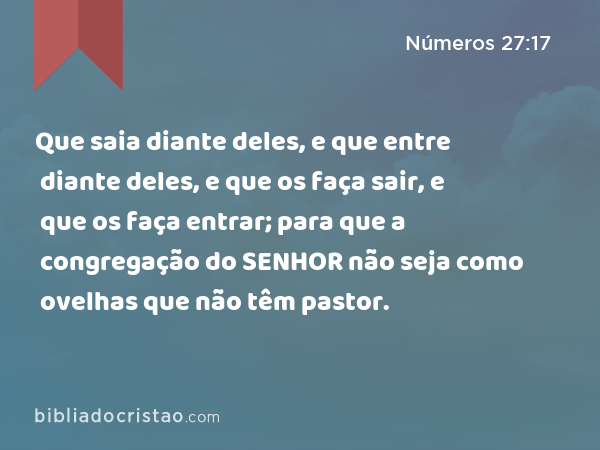 Que saia diante deles, e que entre diante deles, e que os faça sair, e que os faça entrar; para que a congregação do SENHOR não seja como ovelhas que não têm pastor. - Números 27:17