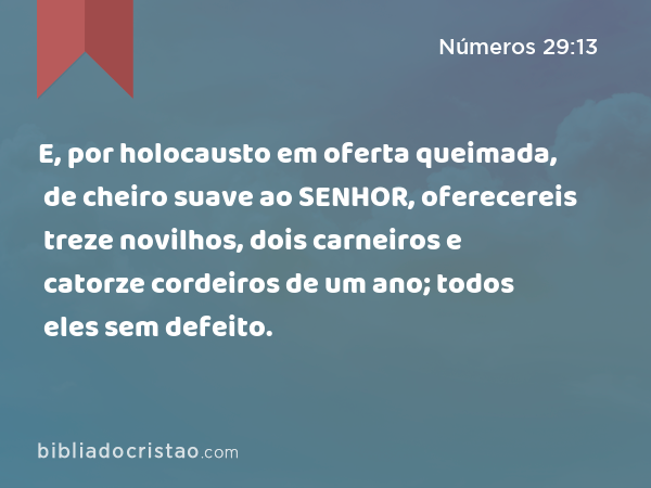 E, por holocausto em oferta queimada, de cheiro suave ao SENHOR, oferecereis treze novilhos, dois carneiros e catorze cordeiros de um ano; todos eles sem defeito. - Números 29:13