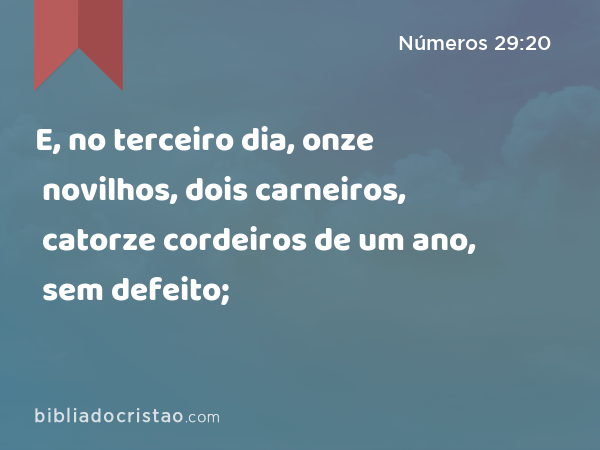 E, no terceiro dia, onze novilhos, dois carneiros, catorze cordeiros de um ano, sem defeito; - Números 29:20