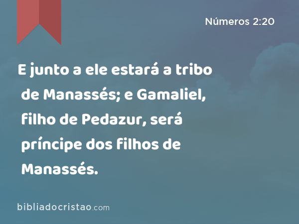 E junto a ele estará a tribo de Manassés; e Gamaliel, filho de Pedazur, será príncipe dos filhos de Manassés. - Números 2:20