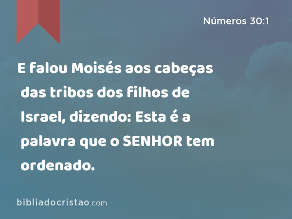 E falou Moisés aos cabeças das tribos dos filhos de Israel, dizendo: Esta é a palavra que o SENHOR tem ordenado. - Números 30:1