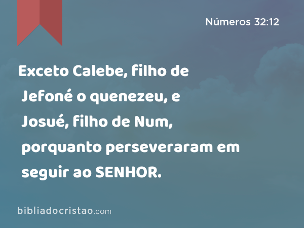 Exceto Calebe, filho de Jefoné o quenezeu, e Josué, filho de Num, porquanto perseveraram em seguir ao SENHOR. - Números 32:12