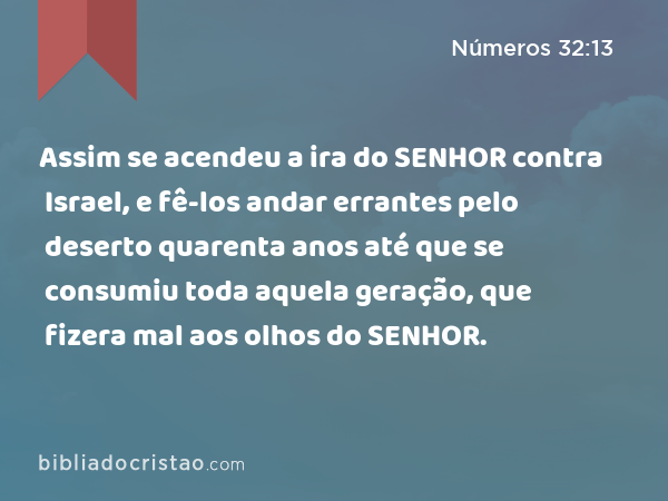 Assim se acendeu a ira do SENHOR contra Israel, e fê-los andar errantes pelo deserto quarenta anos até que se consumiu toda aquela geração, que fizera mal aos olhos do SENHOR. - Números 32:13