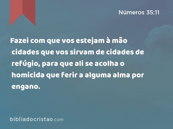 Fazei com que vos estejam à mão cidades que vos sirvam de cidades de refúgio, para que ali se acolha o homicida que ferir a alguma alma por engano. - Números 35:11