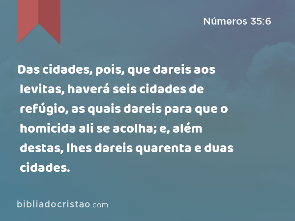 Das cidades, pois, que dareis aos levitas, haverá seis cidades de refúgio, as quais dareis para que o homicida ali se acolha; e, além destas, lhes dareis quarenta e duas cidades. - Números 35:6