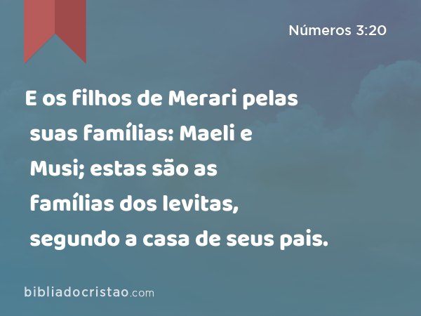 E os filhos de Merari pelas suas famílias: Maeli e Musi; estas são as famílias dos levitas, segundo a casa de seus pais. - Números 3:20