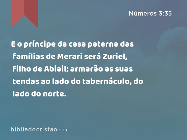 E o príncipe da casa paterna das famílias de Merari será Zuriel, filho de Abiail; armarão as suas tendas ao lado do tabernáculo, do lado do norte. - Números 3:35