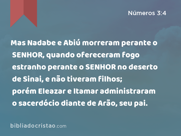 Mas Nadabe e Abiú morreram perante o SENHOR, quando ofereceram fogo estranho perante o SENHOR no deserto de Sinai, e não tiveram filhos; porém Eleazar e Itamar administraram o sacerdócio diante de Arão, seu pai. - Números 3:4