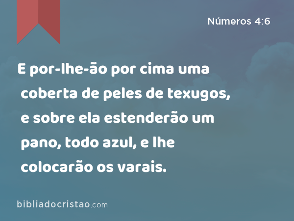 E por-lhe-ão por cima uma coberta de peles de texugos, e sobre ela estenderão um pano, todo azul, e lhe colocarão os varais. - Números 4:6