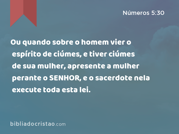 Ou quando sobre o homem vier o espírito de ciúmes, e tiver ciúmes de sua mulher, apresente a mulher perante o SENHOR, e o sacerdote nela execute toda esta lei. - Números 5:30