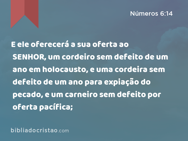 E ele oferecerá a sua oferta ao SENHOR, um cordeiro sem defeito de um ano em holocausto, e uma cordeira sem defeito de um ano para expiação do pecado, e um carneiro sem defeito por oferta pacífica; - Números 6:14