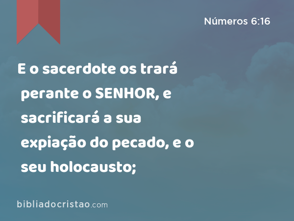 E o sacerdote os trará perante o SENHOR, e sacrificará a sua expiação do pecado, e o seu holocausto; - Números 6:16