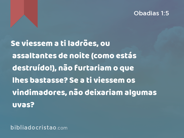 Se viessem a ti ladrões, ou assaltantes de noite (como estás destruído!), não furtariam o que lhes bastasse? Se a ti viessem os vindimadores, não deixariam algumas uvas? - Obadias 1:5