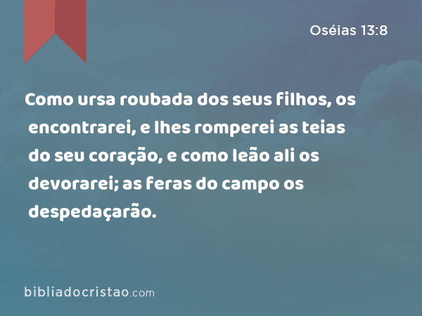 Como ursa roubada dos seus filhos, os encontrarei, e lhes romperei as teias do seu coração, e como leão ali os devorarei; as feras do campo os despedaçarão. - Oséias 13:8