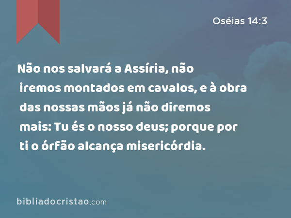 Não nos salvará a Assíria, não iremos montados em cavalos, e à obra das nossas mãos já não diremos mais: Tu és o nosso deus; porque por ti o órfão alcança misericórdia. - Oséias 14:3