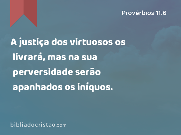 A justiça dos virtuosos os livrará, mas na sua perversidade serão apanhados os iníquos. - Provérbios 11:6