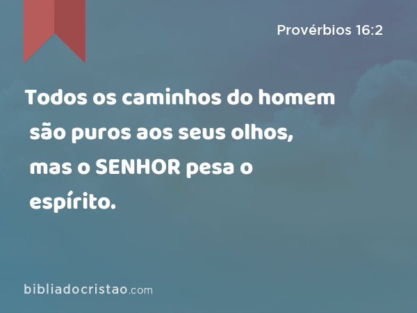 Todos os caminhos do homem são puros aos seus olhos, mas o SENHOR pesa o espírito. - Provérbios 16:2