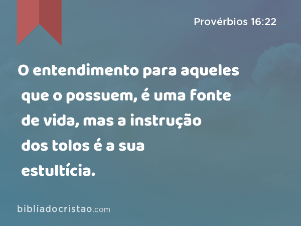 O entendimento para aqueles que o possuem, é uma fonte de vida, mas a instrução dos tolos é a sua estultícia. - Provérbios 16:22