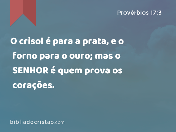 O crisol é para a prata, e o forno para o ouro; mas o SENHOR é quem prova os corações. - Provérbios 17:3