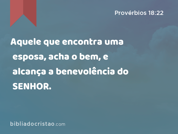 Aquele que encontra uma esposa, acha o bem, e alcança a benevolência do SENHOR. - Provérbios 18:22