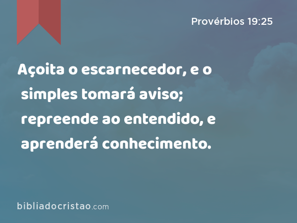 Açoita o escarnecedor, e o simples tomará aviso; repreende ao entendido, e aprenderá conhecimento. - Provérbios 19:25