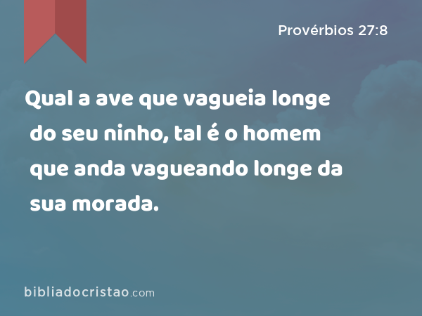 Qual a ave que vagueia longe do seu ninho, tal é o homem que anda vagueando longe da sua morada. - Provérbios 27:8