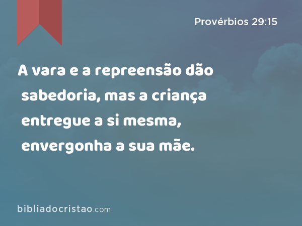 A vara e a repreensão dão sabedoria, mas a criança entregue a si mesma, envergonha a sua mãe. - Provérbios 29:15