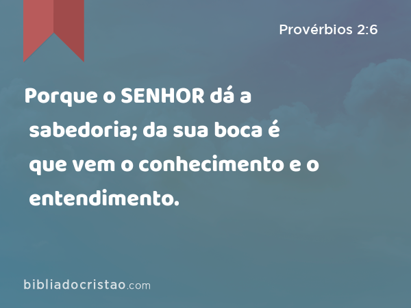 Porque o SENHOR dá a sabedoria; da sua boca é que vem o conhecimento e o entendimento. - Provérbios 2:6