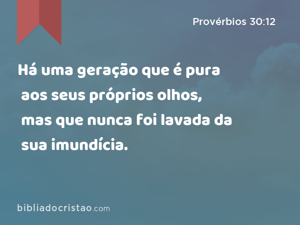 Há uma geração que é pura aos seus próprios olhos, mas que nunca foi lavada da sua imundícia. - Provérbios 30:12