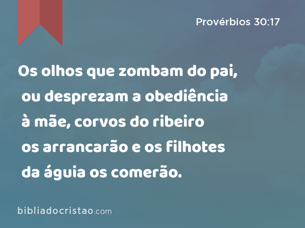 Os olhos que zombam do pai, ou desprezam a obediência à mãe, corvos do ribeiro os arrancarão e os filhotes da águia os comerão. - Provérbios 30:17