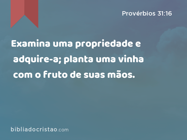 Examina uma propriedade e adquire-a; planta uma vinha com o fruto de suas mãos. - Provérbios 31:16