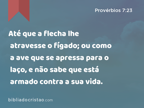 Até que a flecha lhe atravesse o fígado; ou como a ave que se apressa para o laço, e não sabe que está armado contra a sua vida. - Provérbios 7:23