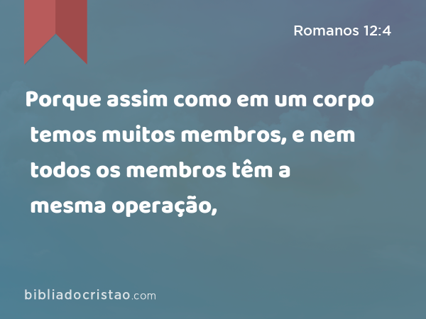 Porque assim como em um corpo temos muitos membros, e nem todos os membros têm a mesma operação, - Romanos 12:4