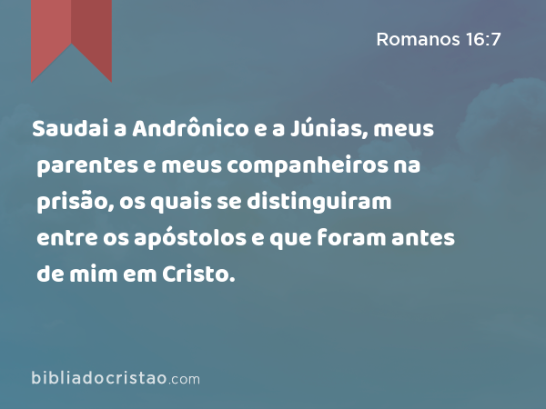 Saudai a Andrônico e a Júnias, meus parentes e meus companheiros na prisão, os quais se distinguiram entre os apóstolos e que foram antes de mim em Cristo. - Romanos 16:7