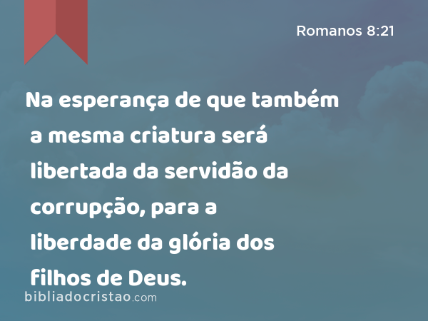 Na esperança de que também a mesma criatura será libertada da servidão da corrupção, para a liberdade da glória dos filhos de Deus. - Romanos 8:21