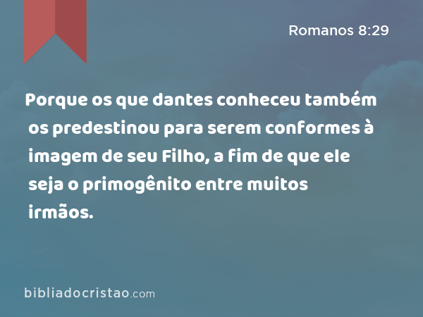 Porque os que dantes conheceu também os predestinou para serem conformes à imagem de seu Filho, a fim de que ele seja o primogênito entre muitos irmãos. - Romanos 8:29