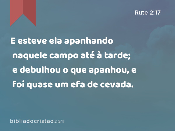 E esteve ela apanhando naquele campo até à tarde; e debulhou o que apanhou, e foi quase um efa de cevada. - Rute 2:17