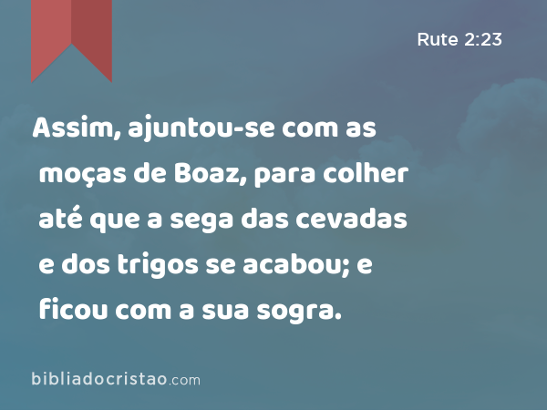 Assim, ajuntou-se com as moças de Boaz, para colher até que a sega das cevadas e dos trigos se acabou; e ficou com a sua sogra. - Rute 2:23